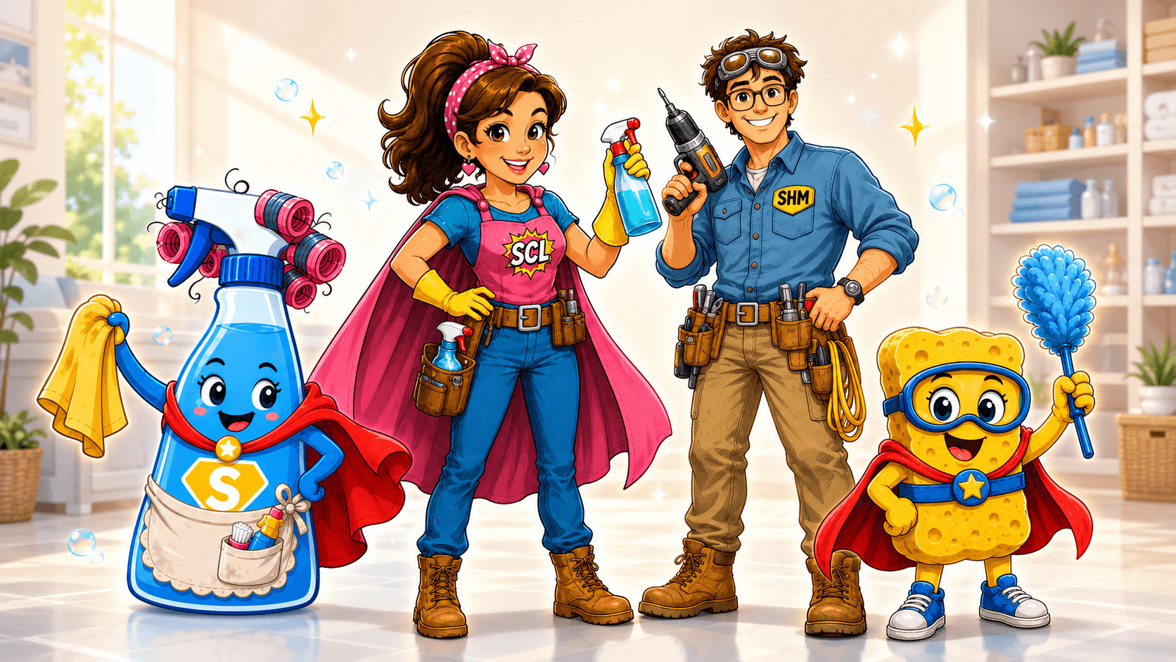 Super Cleaning Lady, Super Handy Man, Spritzy, and Spongie standing together