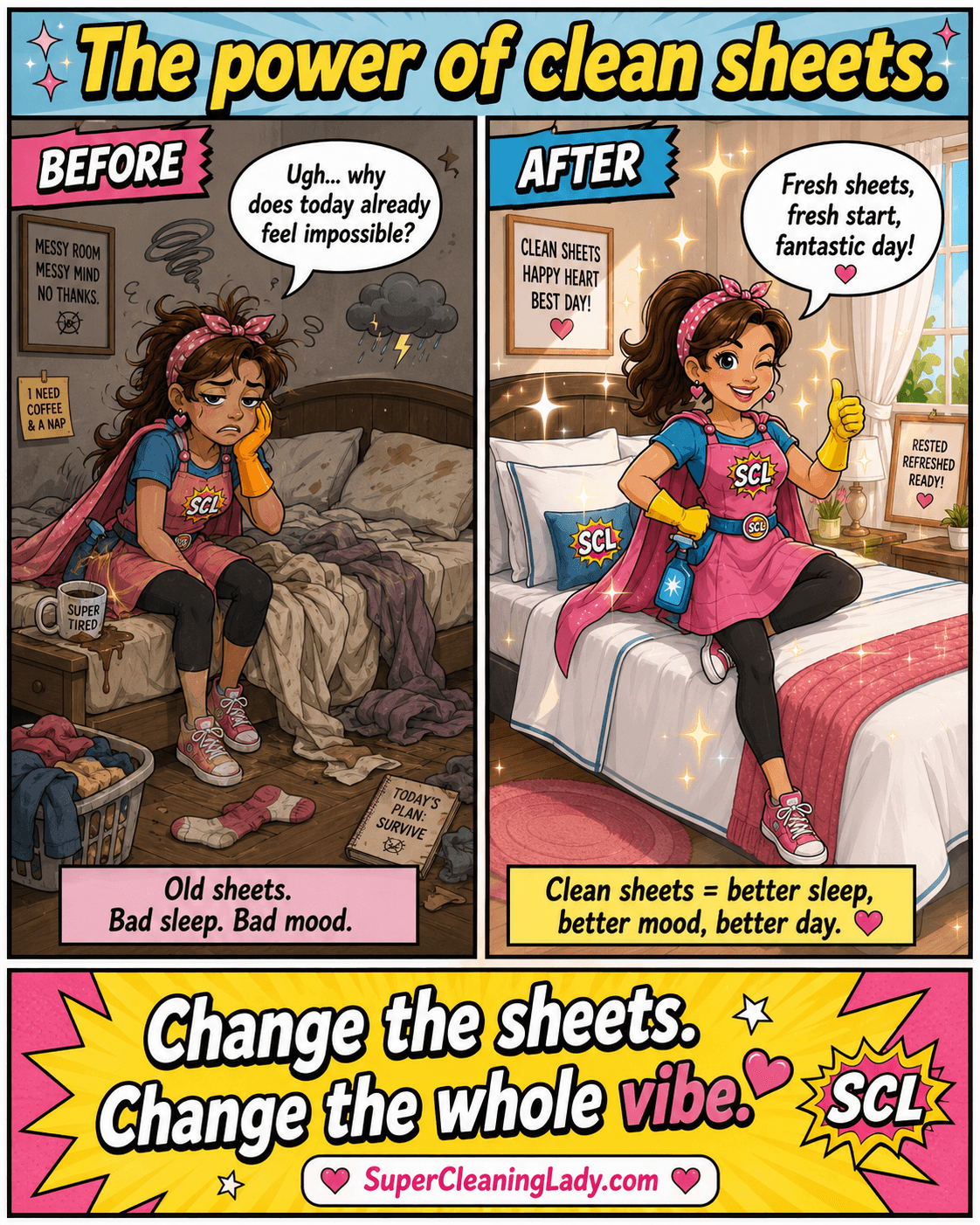 Super Cleaning Lady compares a messy bed with old sheets to a fresh bed with clean sheets and a much better day