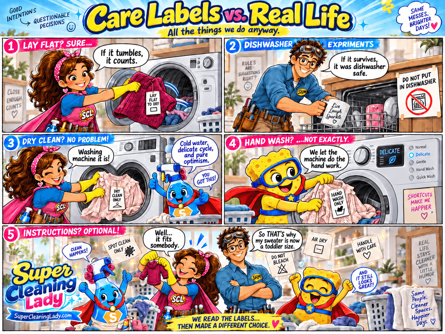 Super Cleaning Lady, Super Handy Man, Spritzy, and Spongie ignore household care instructions including dry clean only, lay flat to dry, hand wash only, and dishwasher warnings