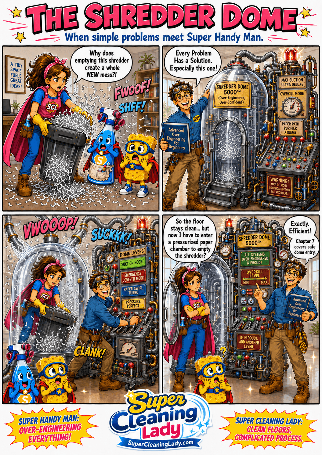 Super Cleaning Lady empties a paper shredder from inside the Shredder Dome while Super Handy Man operates an overly complicated suction control panel