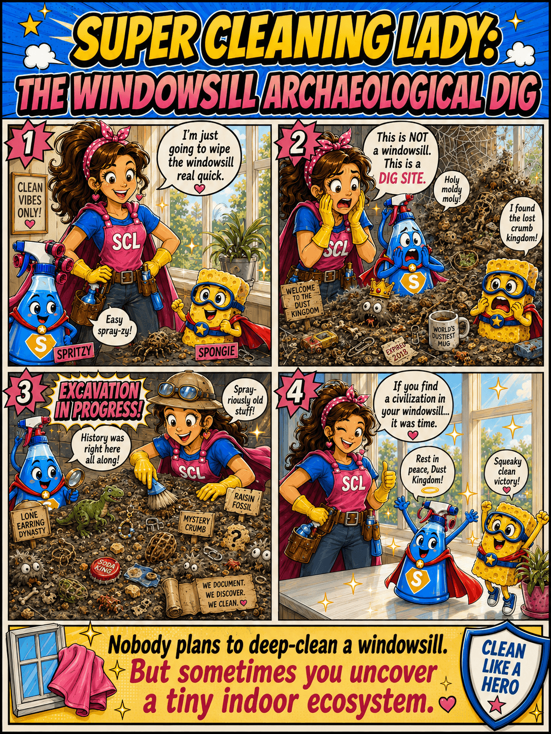 Super Cleaning Lady, Spritzy, and Spongie discover an archaeological civilization of dust, crumbs, bugs, and forgotten objects while cleaning a windowsill