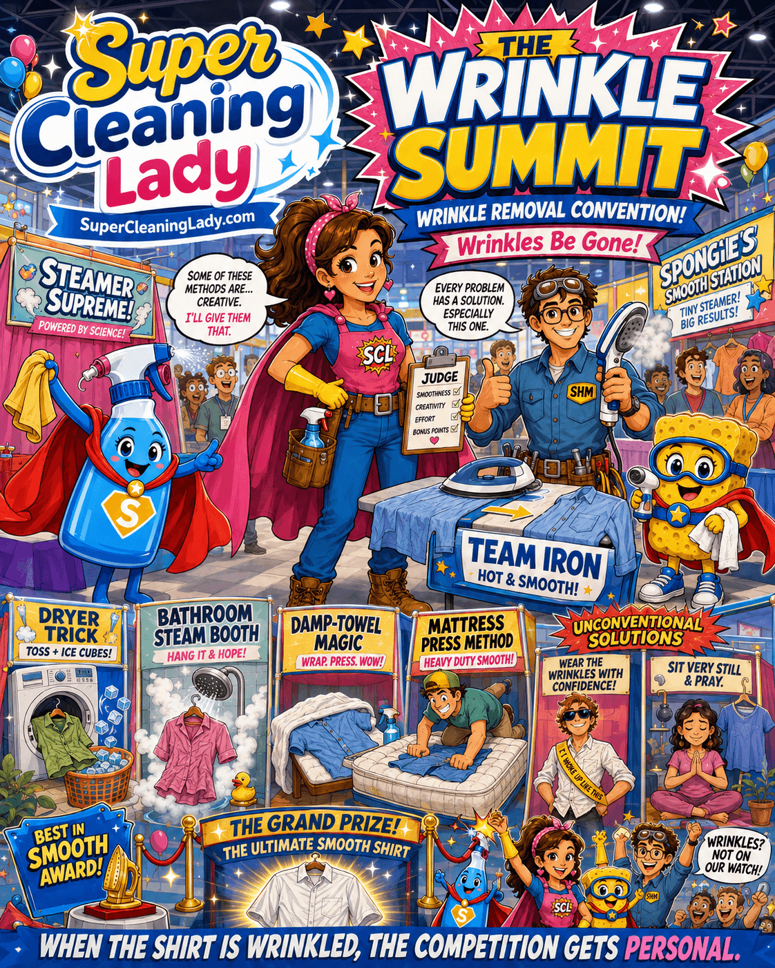Super Cleaning Lady and the cleaning squad attend a hilarious wrinkle-removal convention featuring irons, steamers, dryer tricks, and questionable alternative methods