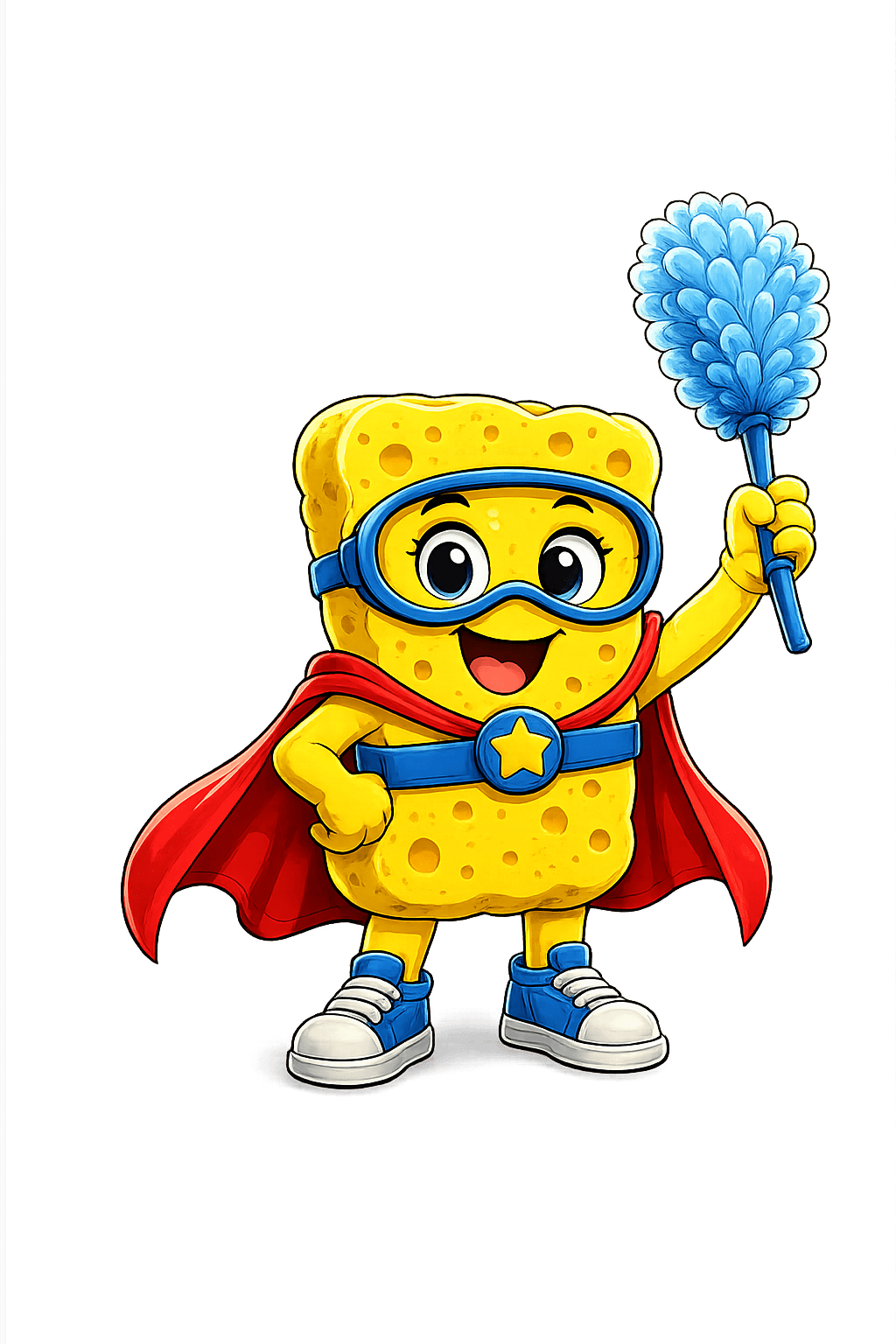 Spongie wearing goggles and a red cape while holding a blue duster