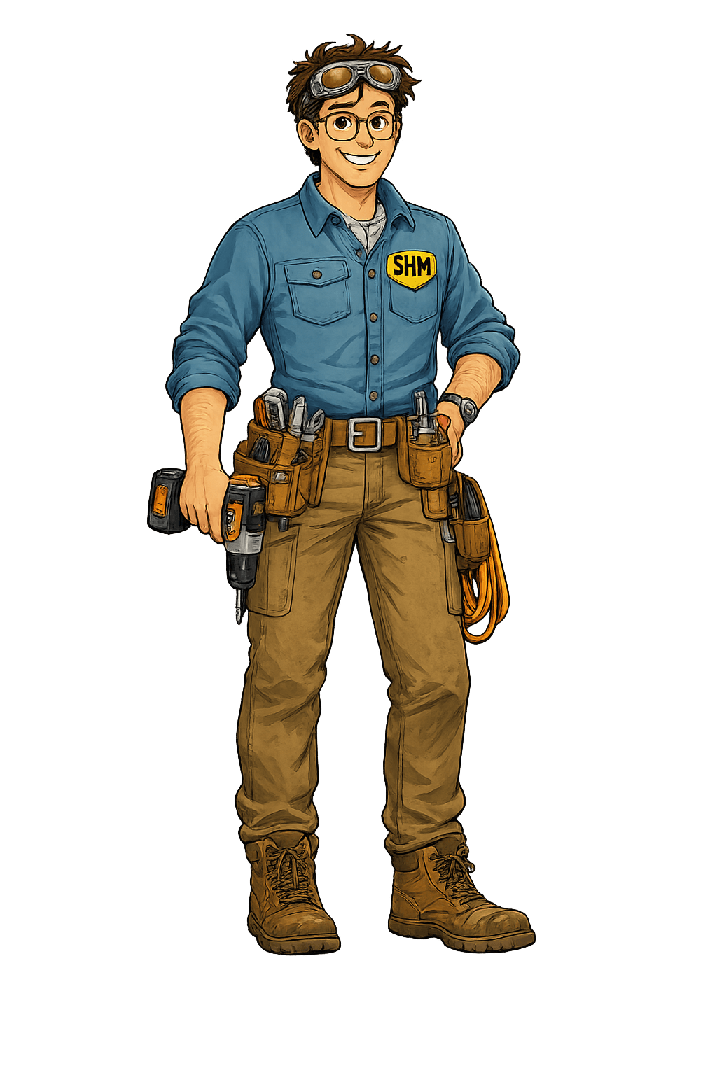 Super Handy Man wearing glasses, a work shirt, and a tool belt