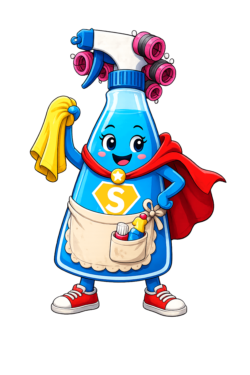 Spritzy, the superhero spray bottle, wearing a red cape and holding a yellow cleaning cloth