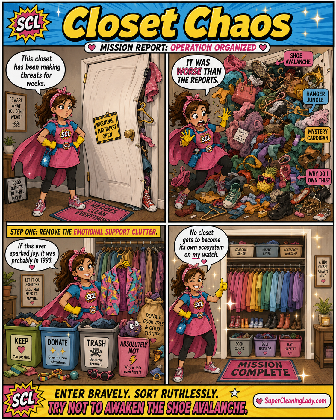 Super Cleaning Lady opens an overstuffed closet, survives a shoe avalanche, and organizes the chaos