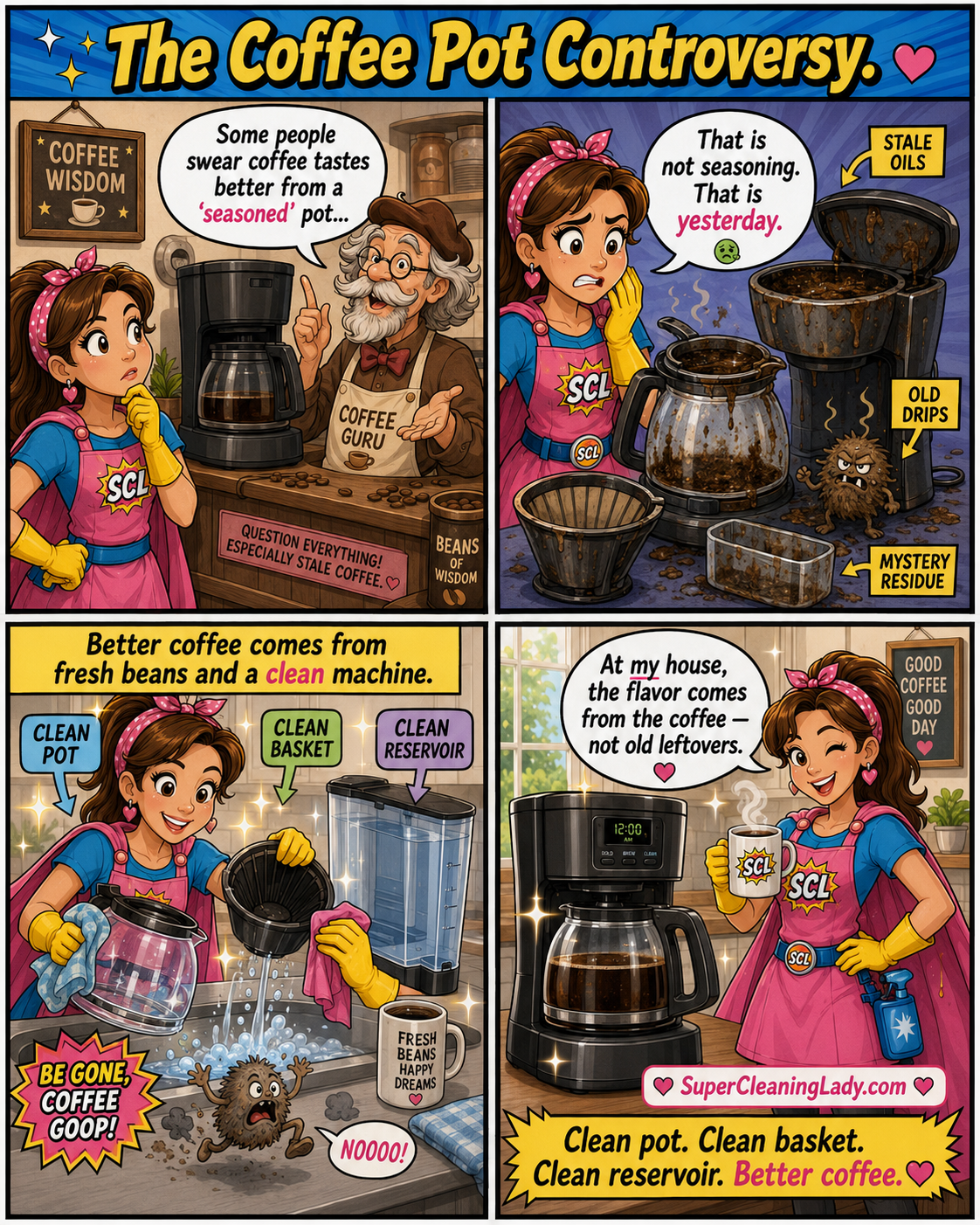 Super Cleaning Lady rejects the idea that coffee tastes better from a dirty coffee maker and cleans the pot, basket, and reservoir