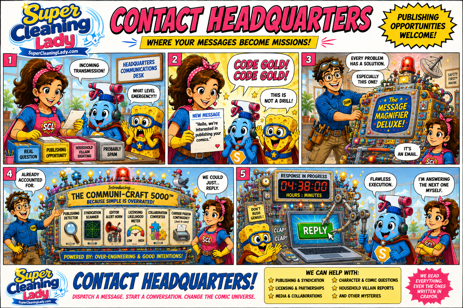 Super Cleaning Lady, Super Handy Man, Spritzy, and Spongie respond to an incoming publishing inquiry at Contact Headquarters while Super Handy Man builds an absurdly complicated Message Magnifier Deluxe