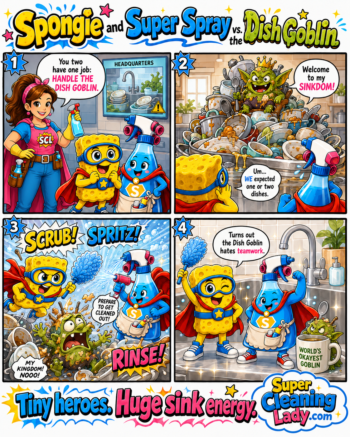 Super Cleaning Lady assigns Spongie and Super Spray to defeat the Dish Goblin and rescue an overflowing kitchen sink