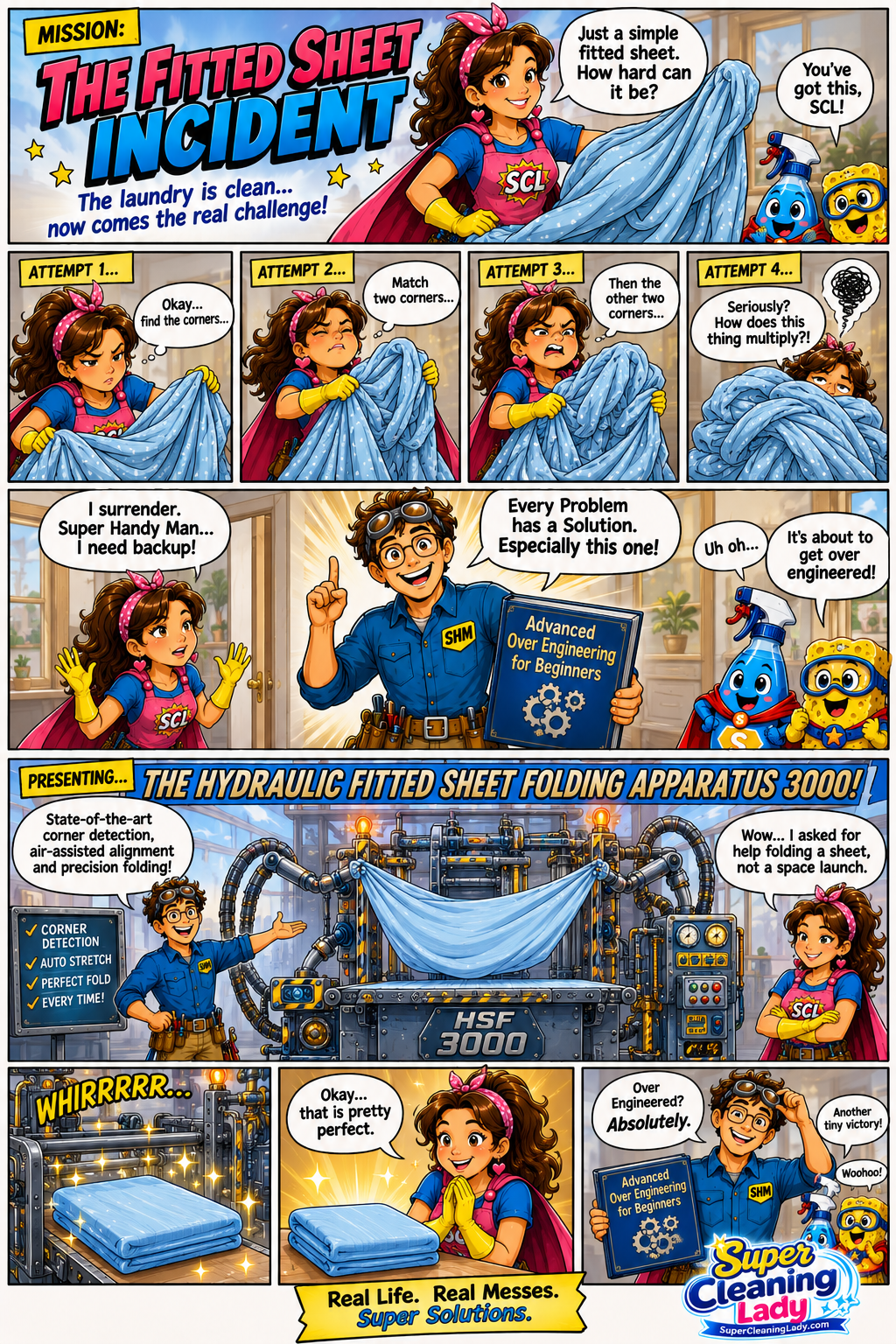 The Fitted Sheet Incident comic featuring Super Cleaning Lady struggling to fold a fitted sheet before Super Handy Man consults Advanced Over Engineering for Beginners and unveils an elaborate fitted sheet folding machine
