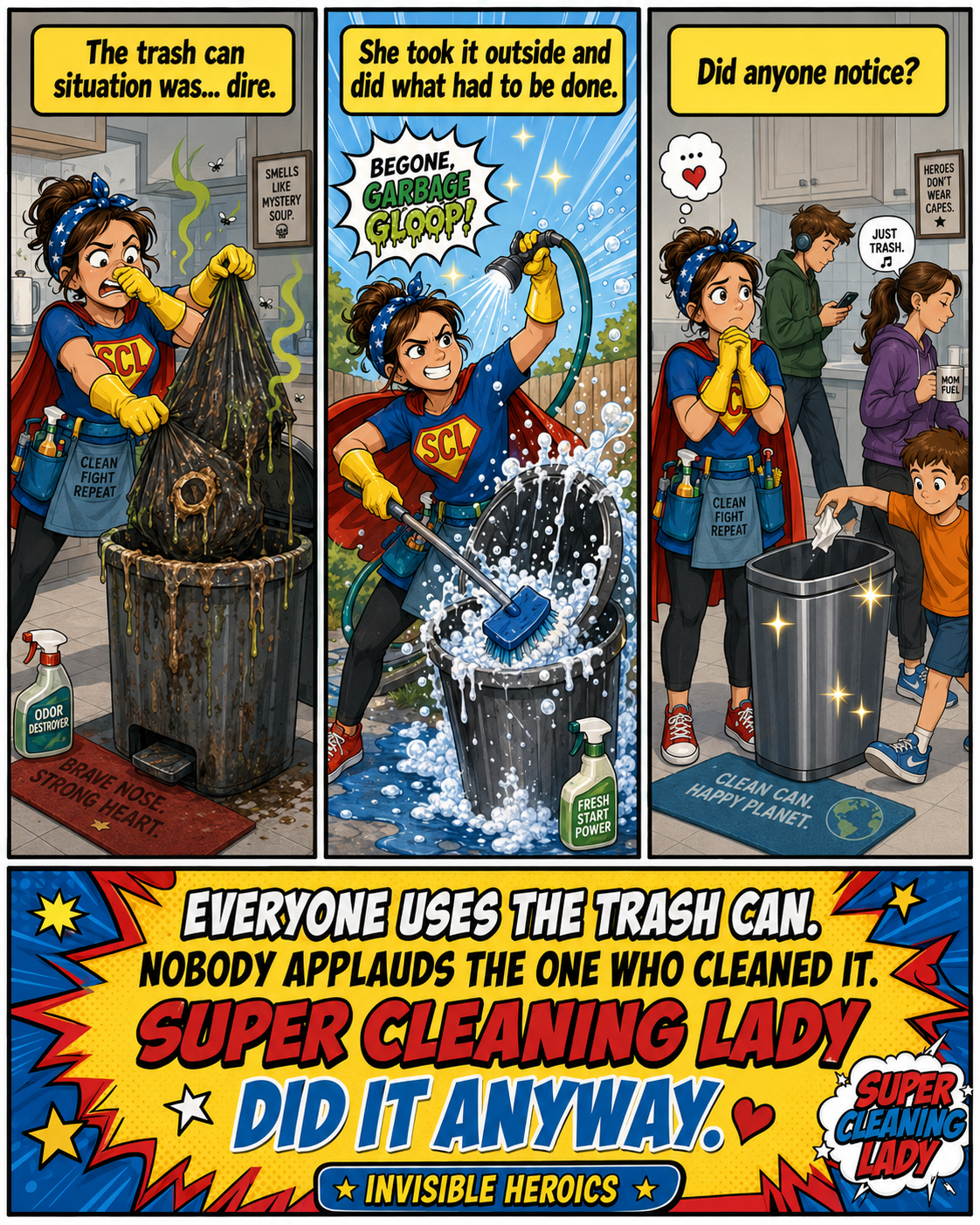 Super Cleaning Lady heroically washes a dirty household trash can