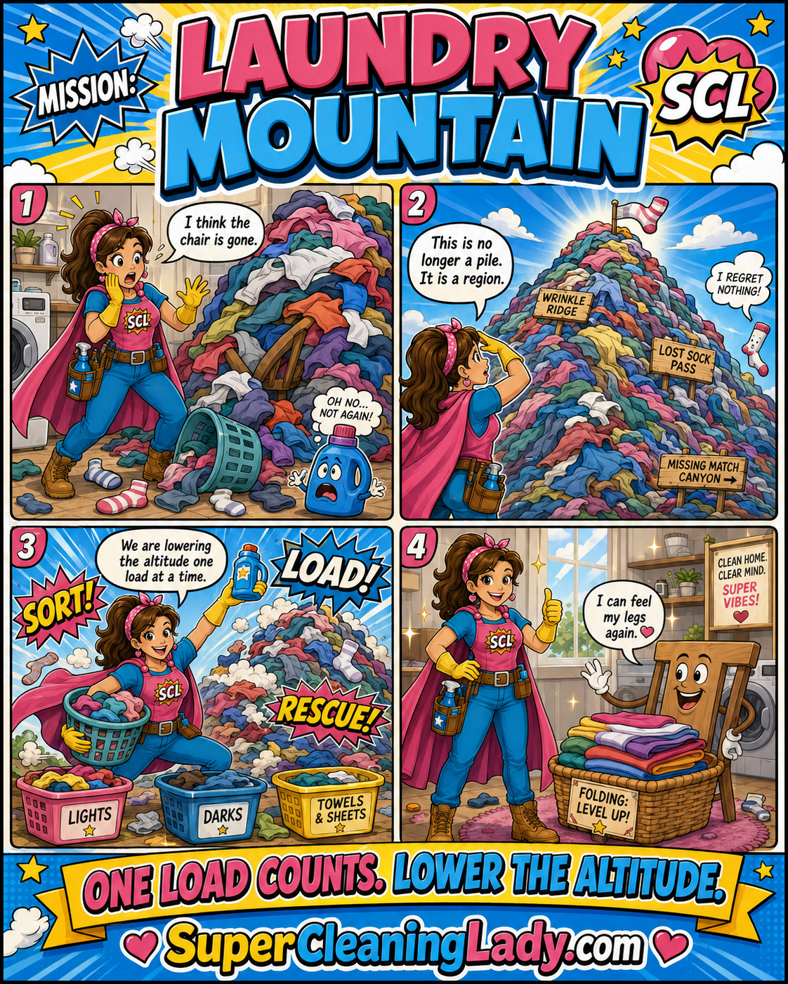 Super Cleaning Lady tackles a towering mountain of laundry one sorted load at a time until the chair becomes visible again