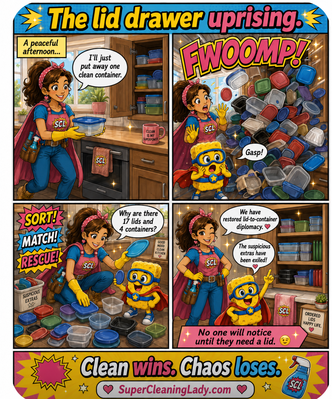 Super Cleaning Lady and Spongie confront an avalanche of mismatched food-storage lids spilling from a kitchen cabinet