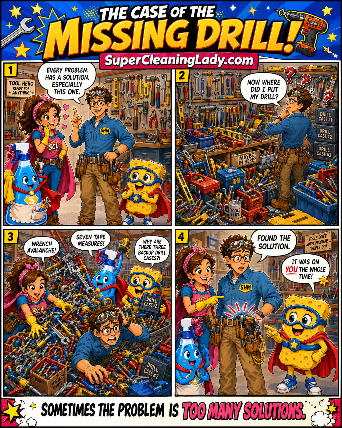 Super Handy Man searches through an enormous collection of tools for his missing drill