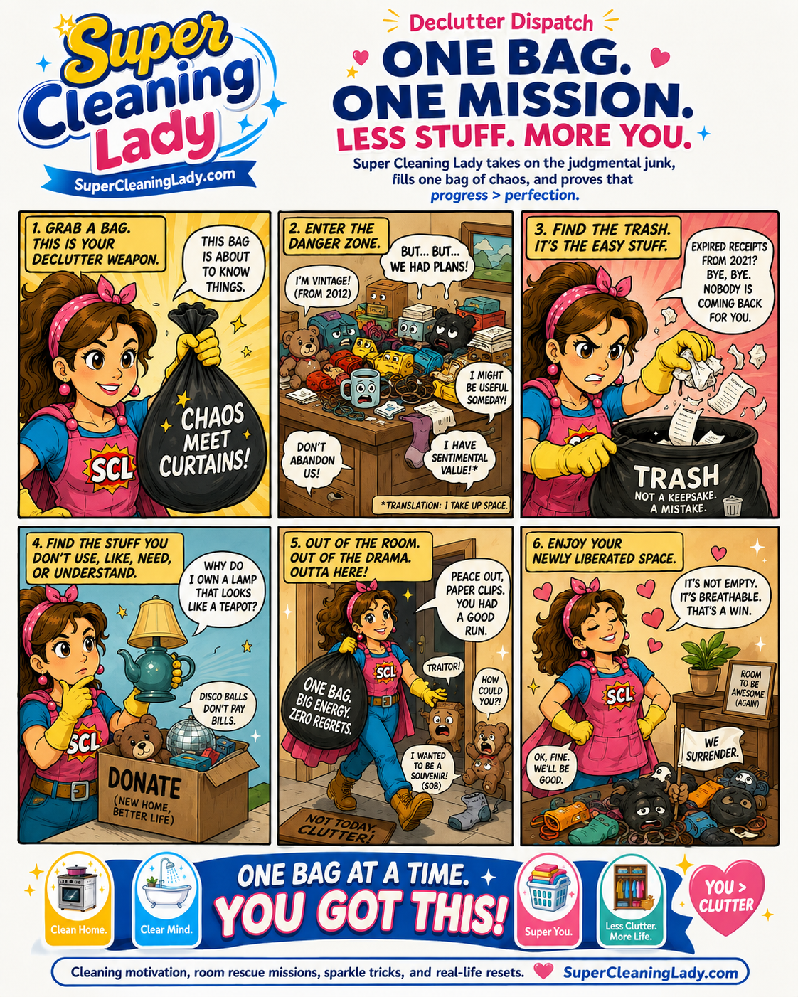 Super Cleaning Lady fills one bag with trash and donations while clutter objects dramatically protest being removed