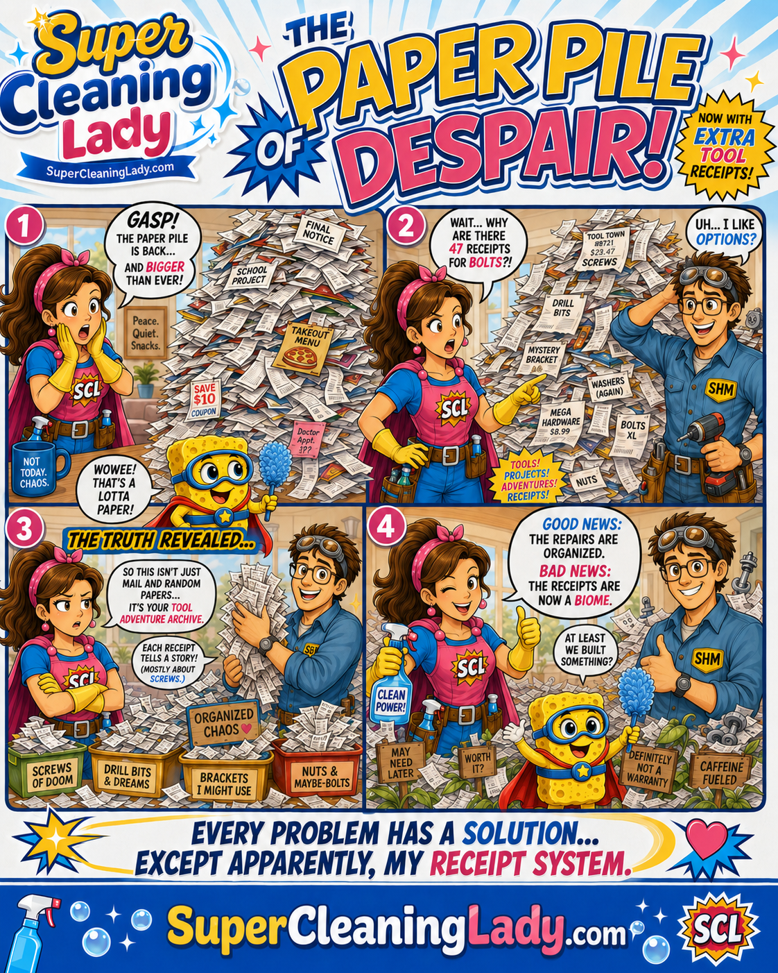 Super Cleaning Lady, Super Handy Man, and Spongie confront a mountain of paperwork made partly from Super Handy Man's many tool receipts