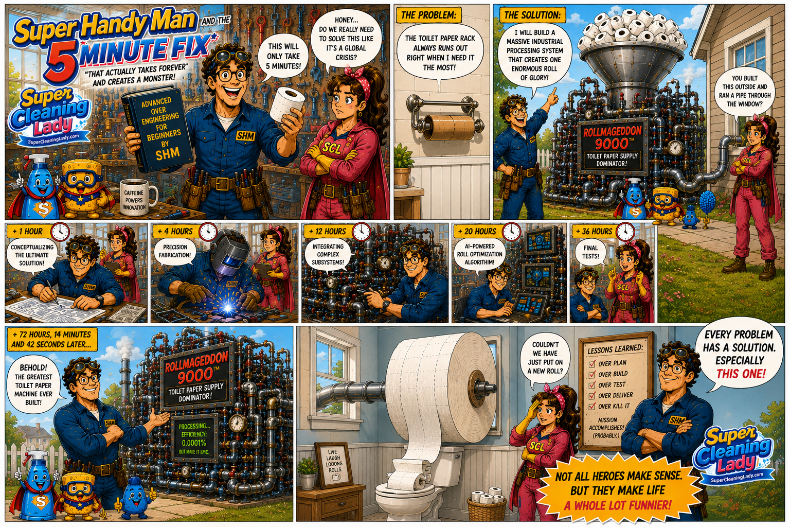 The completed Rollmageddon 9000 sits outside the house, processing thousands of ordinary toilet paper rolls while a large pipe runs through the bathroom window to supply one enormous toilet paper roll inside