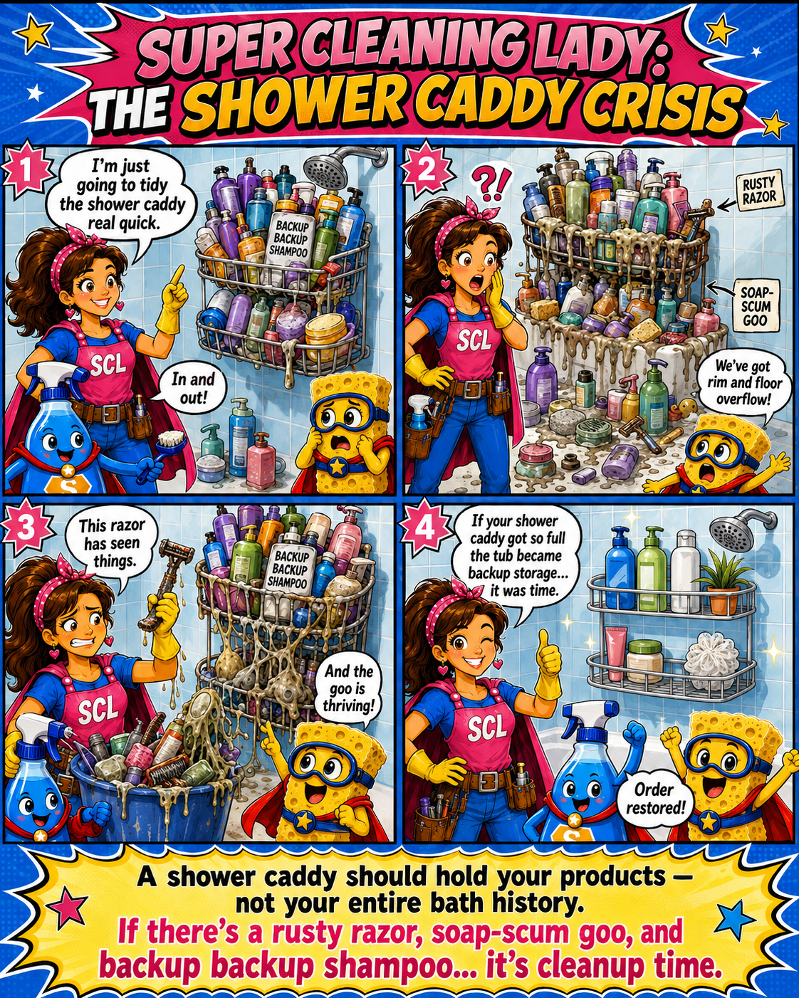 Super Cleaning Lady, Spritzy, and Spongie confront an overflowing shower caddy filled with backup shampoo, a rusty razor, soap-scum goo, and products taking over the bathtub