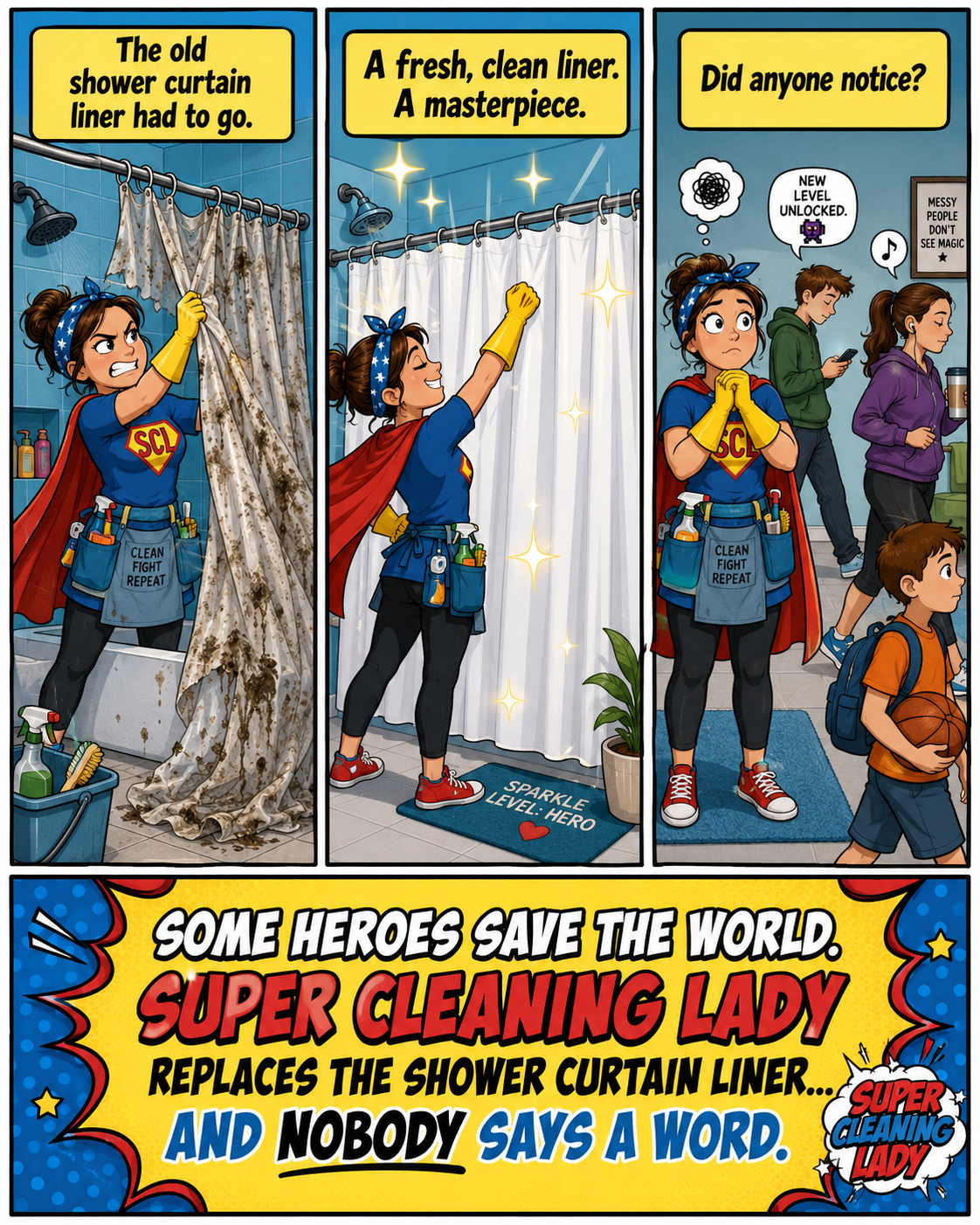 Super Cleaning Lady replaces an old shower curtain liner while everyone else fails to notice