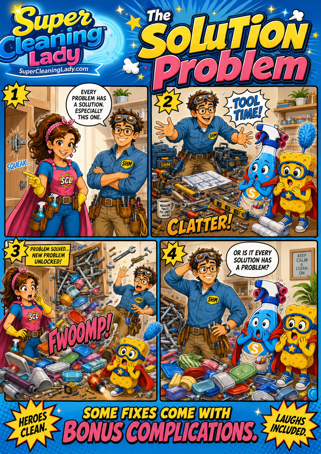 Super Handy Man discovers that solving one problem may have created several new ones