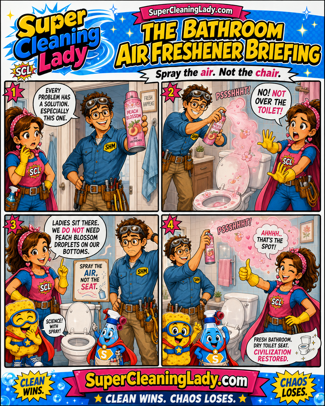 Super Cleaning Lady explains to Super Handy Man that bathroom air freshener should be sprayed into the air rather than over the toilet seat