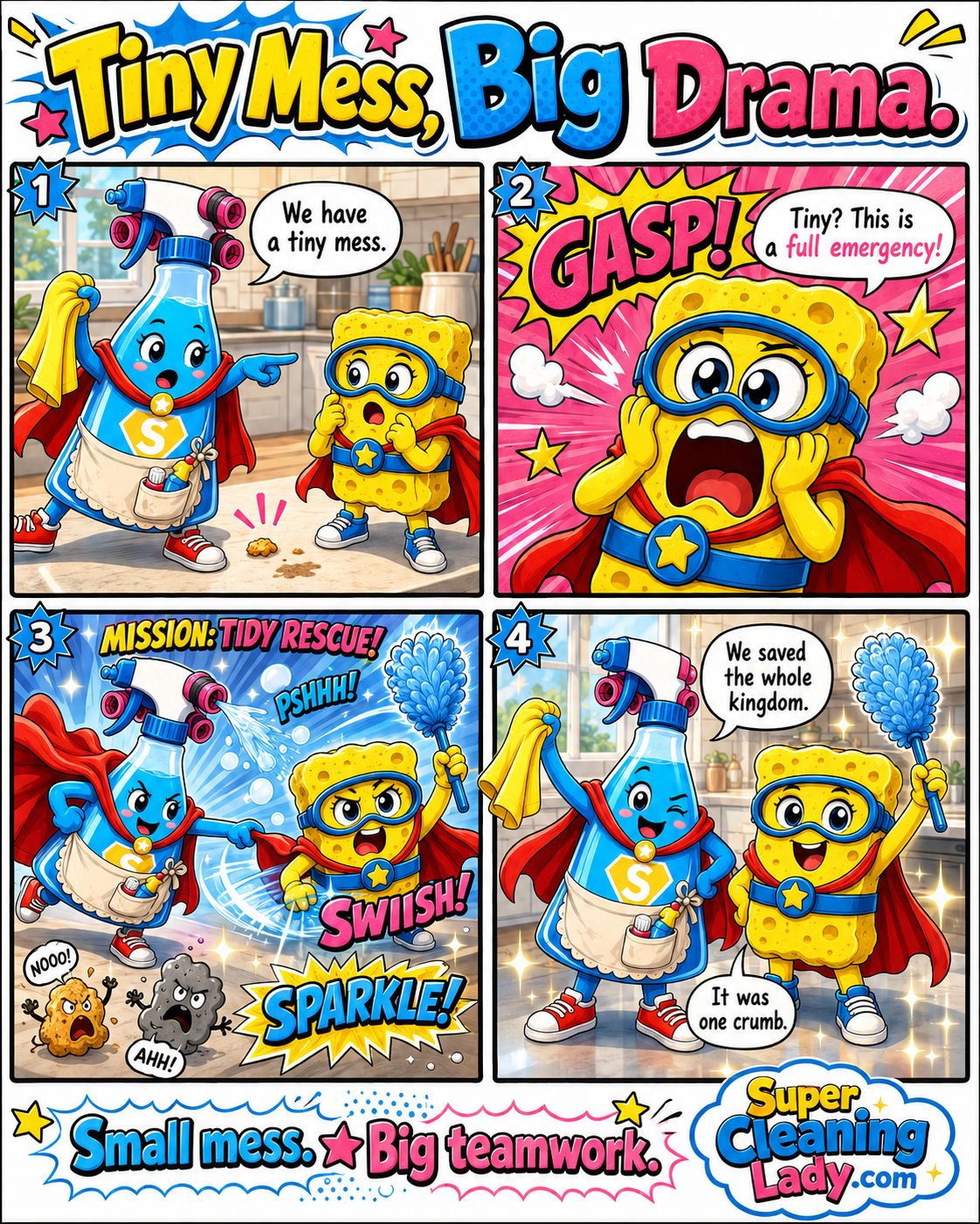 Spongie and the Super Spray Bottle dramatically team up to defeat one tiny crumb in the kitchen