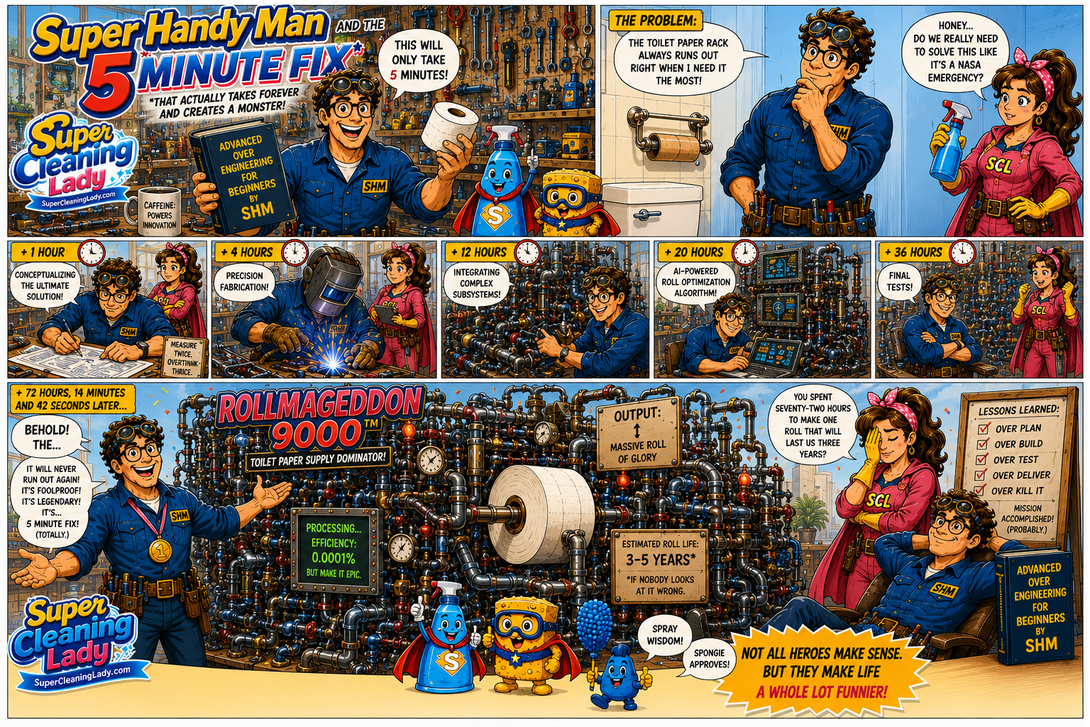 Super Handy Man turns a supposedly five-minute toilet paper problem into the wildly over-engineered Rollmageddon 9000