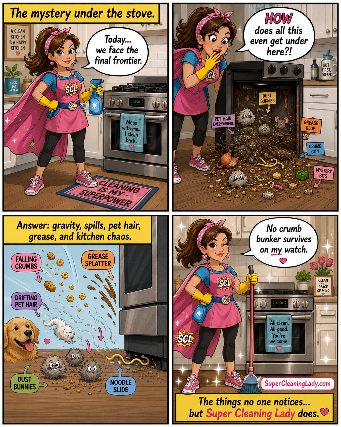 Super Cleaning Lady pulls the stove away from the wall and discovers crumbs, grease, pet hair, and dust underneath