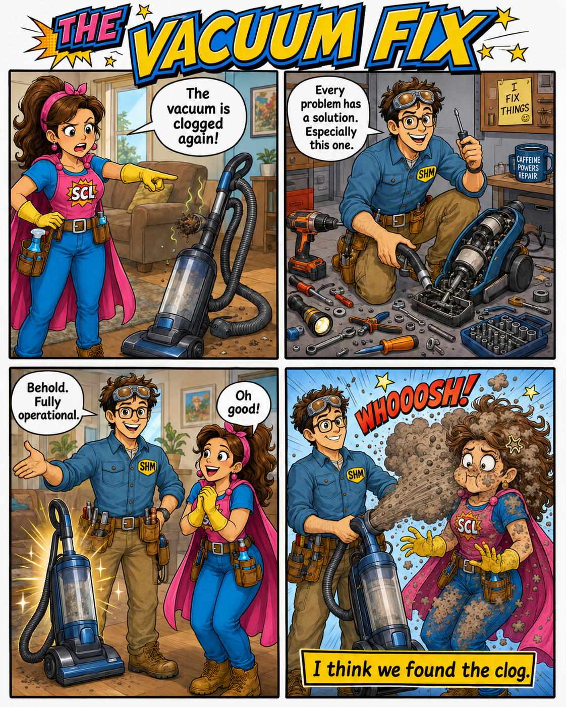 Super Handy Man proudly demonstrates a repaired vacuum cleaner just before it blasts a cloud of dust directly onto Super Cleaning Lady