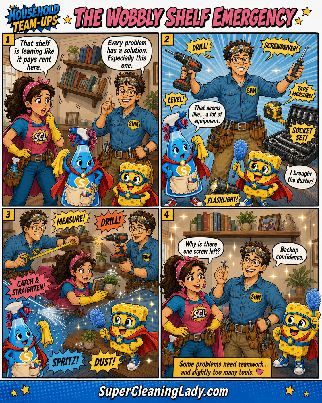 Super Cleaning Lady, Super Handy Man, the Super Spray Bottle, and Spongie team up to fix a dangerously wobbly shelf