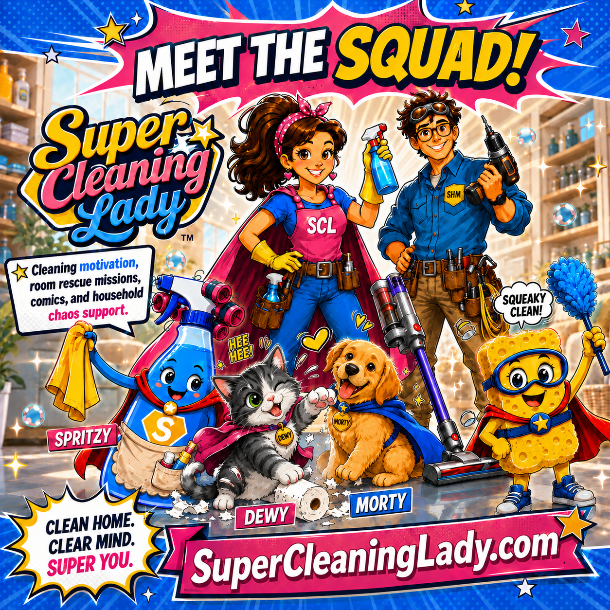 Super Cleaning Lady, Super Handy Man, Spritzy, and Spongie standing together