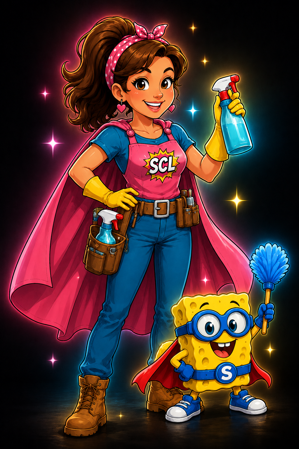 Super Cleaning Lady with her spray bottle and sponge sidekicks