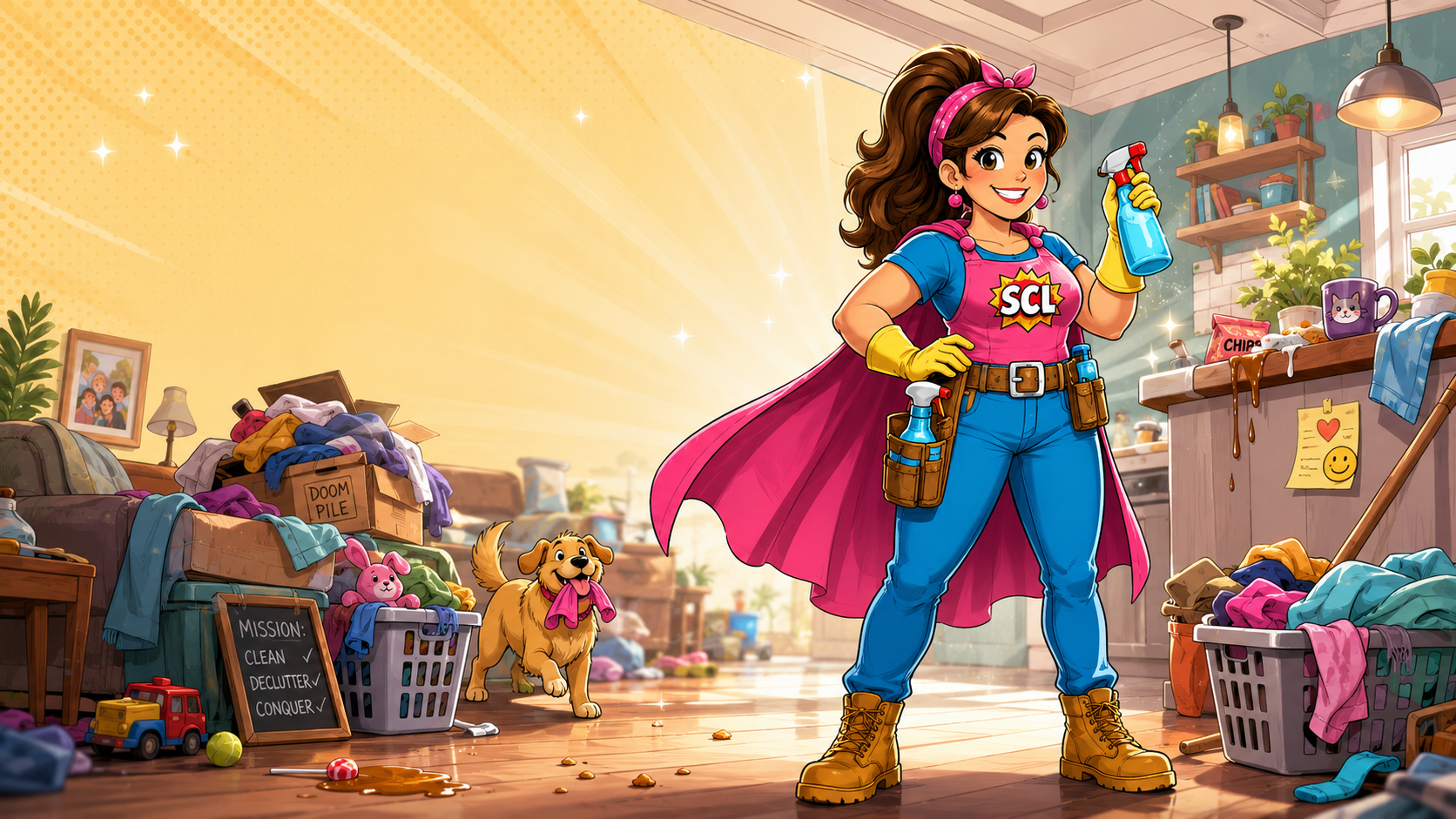 Super Cleaning Lady standing confidently in a hilariously chaotic real-life home ready to begin a rescue mission