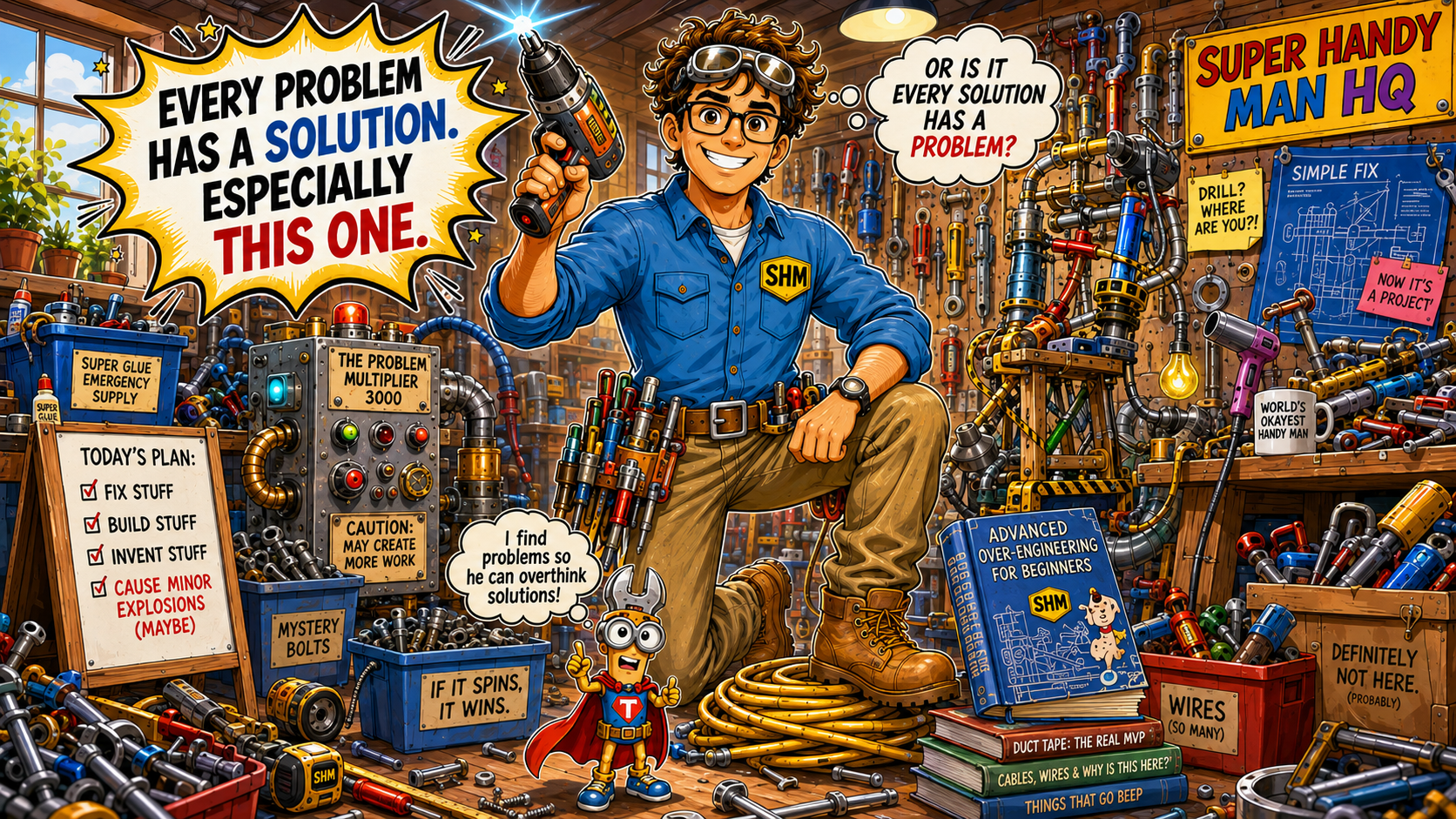 Super Handy Man standing triumphantly inside his hilariously chaotic workshop surrounded by tools and over-engineered inventions
