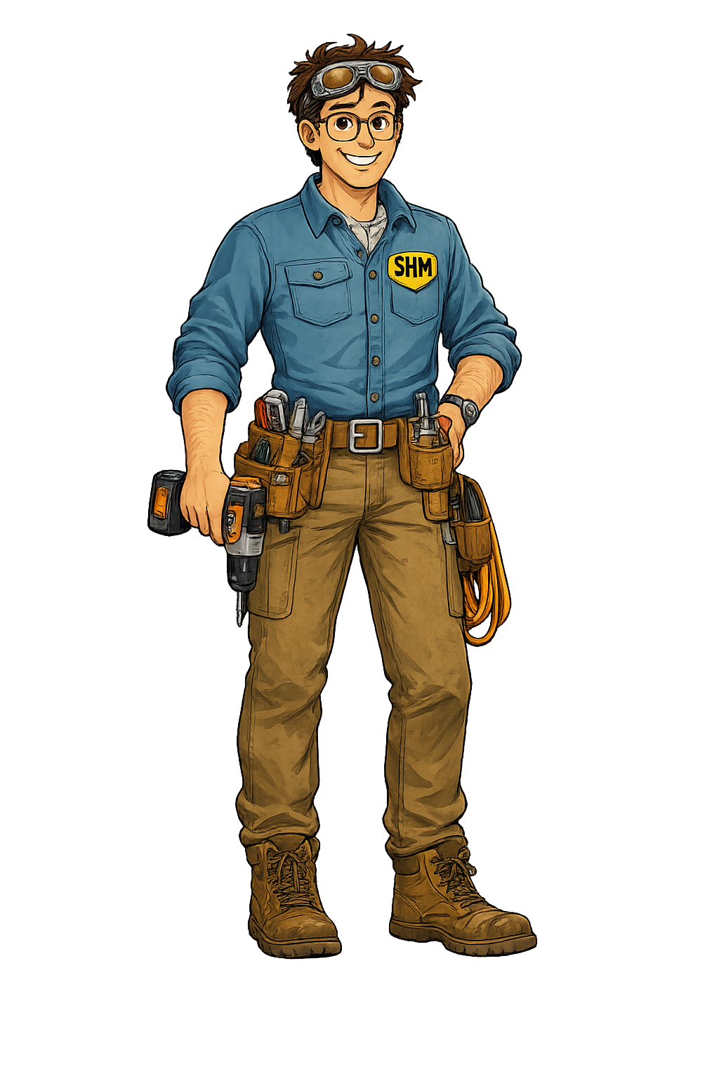 Super Handy Man wearing glasses, a work shirt, and a tool belt